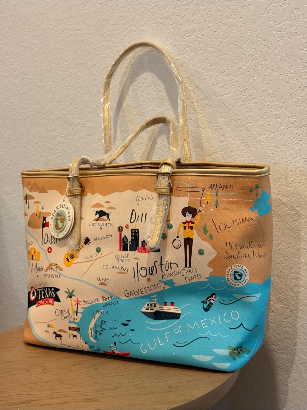 Spartina 449 Peach Map-Print Tote with Yellow‎ and Navy Accents